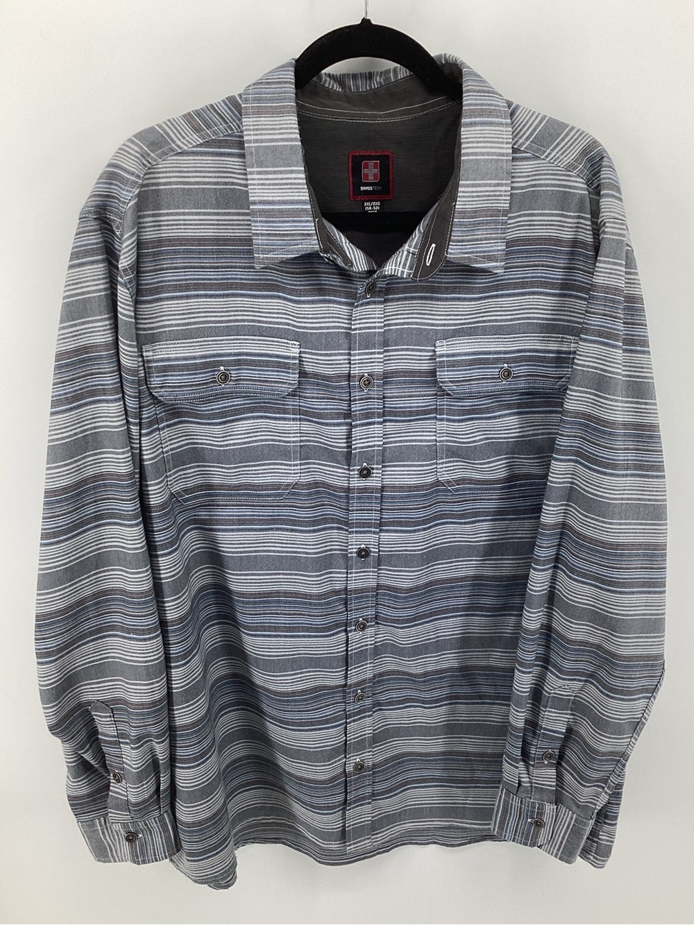 Swiss Tech Gray and Blue Striped Casual Button-Down Shirt